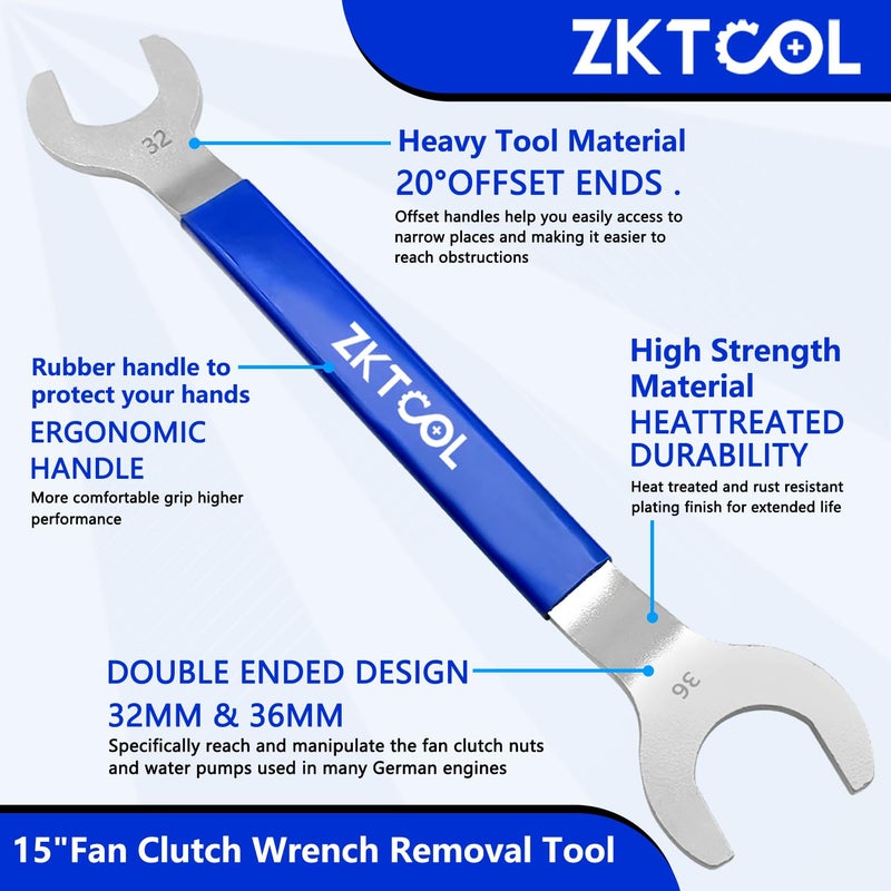 ZKTOOL Fan Clutch Wrench Set 32mm & 36mm Clutch Fan Tool Wrench Water Pump Pulley Holder Removal Tool For BMW  Ford  GM  dodge Chevrolet jeep Fan Clutch Removal Kit Water Pump Holder. - Image 4